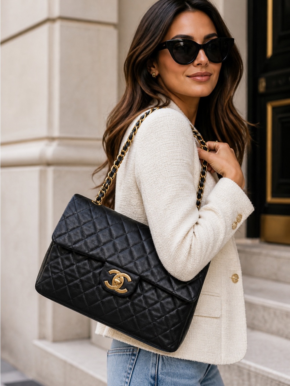 CHANEL Maxi Jumbo Classic Flap Bag BLK Lambskin 24K Gold Hardware Vintage